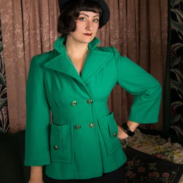 1940s Jacket - Bright Jade Green Wool Later 40s Jacket with Massive Collar and Pockets 