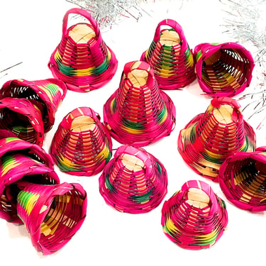 VINTAGE: 10pc - Guatemalan Woven Braided Pink Straw Bells - Ornaments - Crafts - Tree Ornaments - Made in Guatemala - SKU Tub-25-00033850 