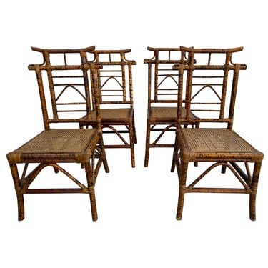 Vintage Burnt Bamboo Pagoda Dining Chairs set of 4 