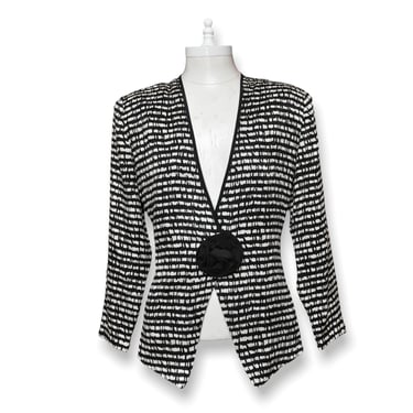 Vintage Womens Silk Blazer Black and White Fitted Waist Jacket Size Small 4 