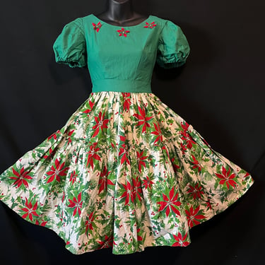 1950s Christmas party dress vintage poinsettia jeweled fit and flare small 