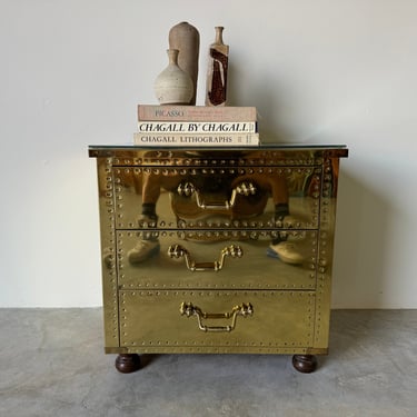 1980s Vintage Sarried Brass-Clad Three Drawer Nightstand 