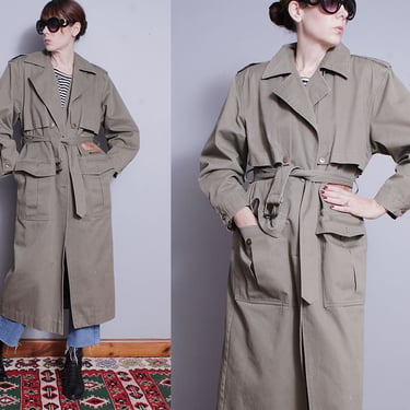 Vintage 1990's | Khaki Green | 100% Cotton | Oversized | Trench | Overcoat | Coat | S/M 