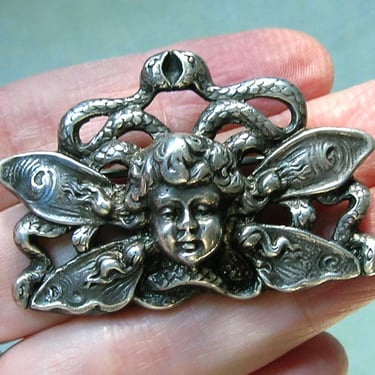 Unique Antique Victorian Sterling Brooch Pin With Cherub and Snakes, Sterling Figural Pin, Sterling Pin with Cherub and Wings (#4535) 