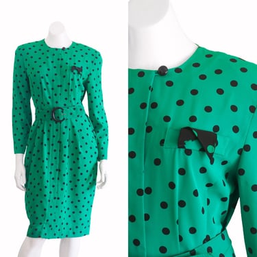 1980s/90s green dress with black polka dots 