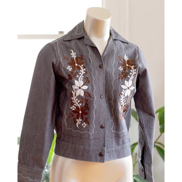 Vintage Embroidered Western Jacket - "Shacket" - Chambray - 1970s - Folk, Floral 