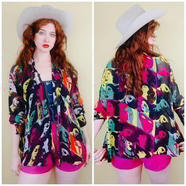 1990s Vintage Tramp Brand Neon Pinup Faces Blouse / 90s Grunge Sheer Rayon Shirt / Size Small - Medium 