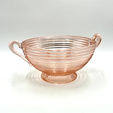 Anchor Hocking Manhattan Pink Glass Serving Bowl with Handles, Swirl, Ribbed, Fruit Bowl, MCM Glassware, Depression Glass, Art Deco Decor 
