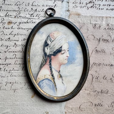 1832 Antique Miniature Portrait Watercolor Painting of Young Woman Artist Signed 
