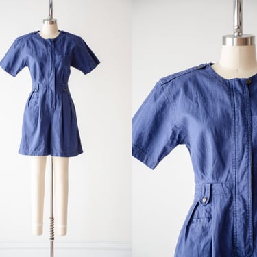 blue cotton romper | 80s 90s vintage Foret de Framboise navy short sleeve jumpsuit 