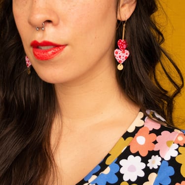 Double Dotted Love Earrings - Tiered Spotted Heart Statement Earrings in Red + Pink 