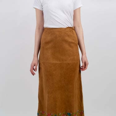 1970s Suede Embroidered Midi Skirt