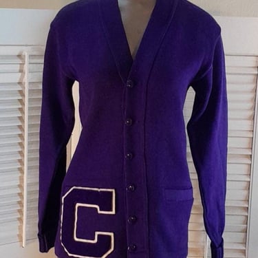 Vintage 40s/50s Purple Wool Unisex  "C" Letter Sweater / Milwaukee Knit / S 