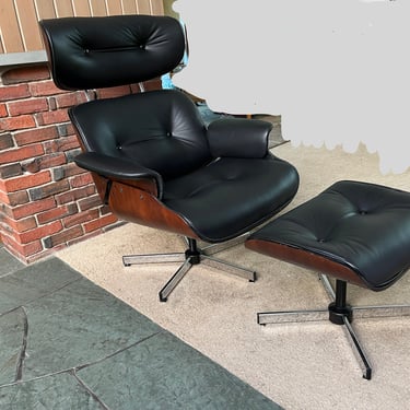 Eames Style Lounge Chair and Ottoman - Restored, New Leather 