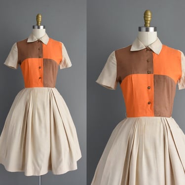 1950s vintage dress | Adorable Orange & Brown Color Block Short Sleeve Shirtwaist Full Skirt Dress | XS Small | 50s dress 