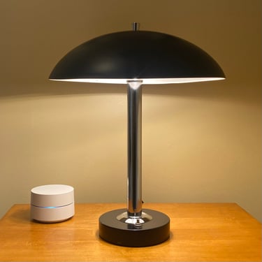 1970’s Mid-Century Modernist Space Aged Chrome and Black Mushroom Table Lamp 