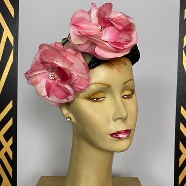 1950s pillbox hat, vintage millinery, pink floral hat, black straw hat, mrs maisel style, 1960s hat, mid century fashion, flower hat, summer 