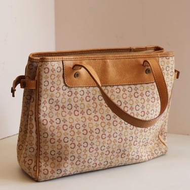 Vintage CÉLINE 2000s Era Canvas and Leather Canvas Small Tote Bag Monogram Logo Beige Tan Top Handle C 