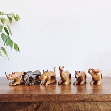 Vintage African Wooden Hand-Carved Animal Napkin Rings - Set of 6 