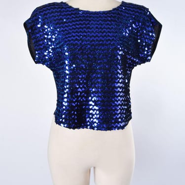 70's Blue Sequin Disco Top Blouse T Shirt Vintage Sparkle Stretchy 1980's, 1970's by O'RIO LARGE Fully Sequined 