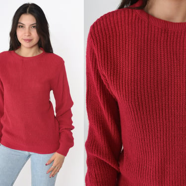 Red Ribbed Sweater 90s Plain Knit Slouchy Pullover Acrylic Crewneck Jumper Basic Minimalist Solid Vintage 1990s Extra Small xs 