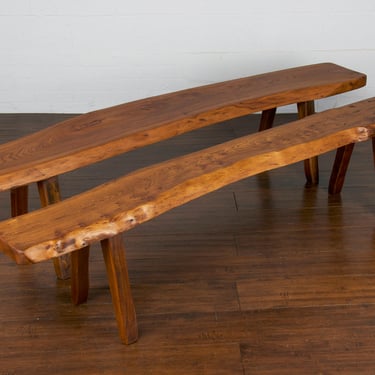 1950s French Brutalist Style Rustic Live Edge Oak Benches - A Pair 