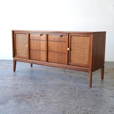 Small MCM Mid Century Modern Walnut Cane Front Media Console Credenza by Basic Witz 