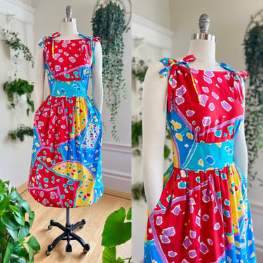 Vintage 1980s Sundress | 80s Geometric Printed Cotton Red Blue Fit and Flare Button Back Pockets Bows Summer Day Dress (medium) 