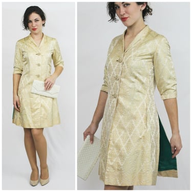 Vintage 50's 60's DYNASTY Silk Cream Emerald Brocade Jacket Coat Hollywood Mandarin / XS Small / Modern 2-4 