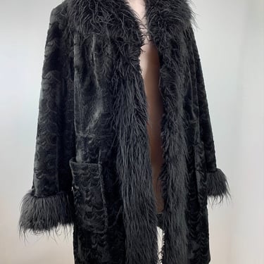 Vintage Faux Fur Coat - Short Black Textured Pile - Long Faux Fur Trim - Black Satin Lining - Two Hook & Eye Closures - Size Large 