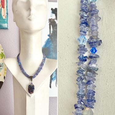 OOAK Statement Necklace, Tanzanite Beads, Fused Glass Pendant, Natural Stones, Glass Beads, Double Strand, Artisan Made 