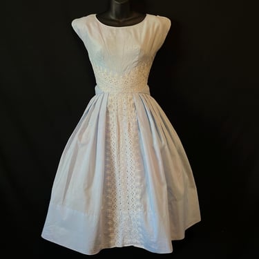 1950s embroidered day dress vintage pale blue fit and flare frock medium 