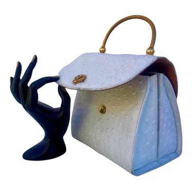 Vintage BEINEN-DAVIS Genuine White Ostrich Skin Purse | Timeless and Stylish Structured Hand Bag-Satchel |  Rare Brass Top Handle 