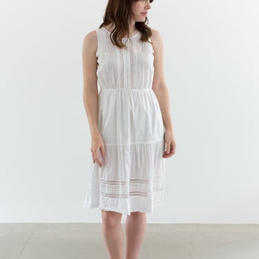 Vintage White Cotton Lace Dress | Pleated Antique Tiered Summer Nightgown | XS | 
