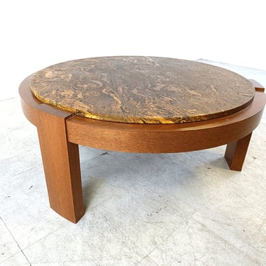 Brutalist tripod coffee table, 1970s - brutalist coffee table - slate coffee table - wood and stone table 