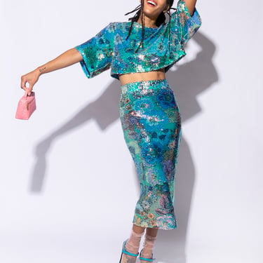 SMYTHE Blue & Green Sequin Floral Midi Skirt (Sz. S)
