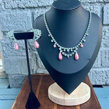 Vintage Blue Rhinestone Necklace Plastic Pink Beads Retro Fashion Jewelry 