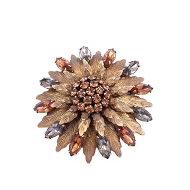 Vintage Gold Floral Brooch with center Cluster stone 