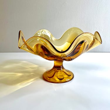 Vintage Epic Amber Glass Compote by Viking, 6 Petal Handkerchief Bowl, Swung Art Glass Pedestal Bowl - Mouth Blown, Mid Century Home Decor 