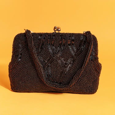 60s Black Bead Deco Handle Purse Vintage Snap Formal Clutch Bag 