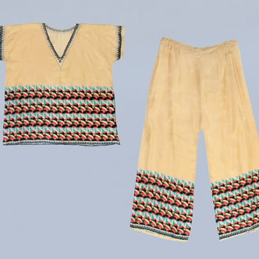 RARE! 1920s Beach Pajamas / 20s Printed Silk Art Deco Pants and Top Lounge Set /  Wide Leg 
