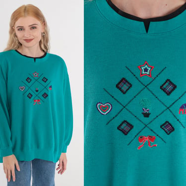 Embroidered Sweatshirt 90s Teal Pullover Sweater Plaid Patch Bow Heart Tree Star House Retro Grandma Crewneck 1990s Vintage Petite 2xl xxl 