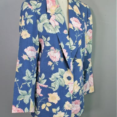 1990s Floral Rose Print Blazer by Leslie Fay- Blue, Pink- Size Large 12P 