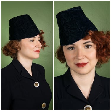 1930s Hat - Dramatic Early 30s Conical Toque in Navy Velvet with Scalloped Top Stitch by Hattie Carnegie 