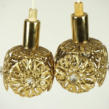 Pair of hanging small old lamps,Mid Century pendant gold lamps, vintage Swedish brass crystal lamps,  glass lights, Hollywood regency style 