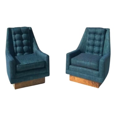 Mid century modern 1960s pair club arm chairs plinth walnut base restored 