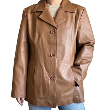 Vintage Y2K Jessica Holbrook Tan Brown Mid Length Leather Jacket Blazer Sz L 