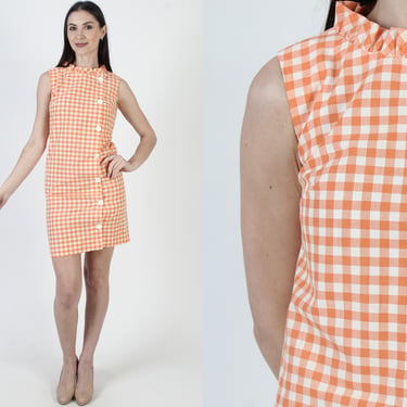 Short Picnic Sundress, Orange Gingham Mini, Womens Plaid Printed Dress, Button Up Frock 