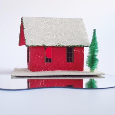 Darling 1950s Red Christmas House, Mini Putz House, Holiday Village Decoration 