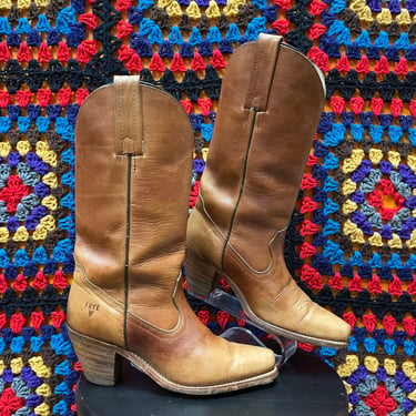 1980s Cognac Brown Western Cowgirl Boots by Frye USA Size 7B w 2.5